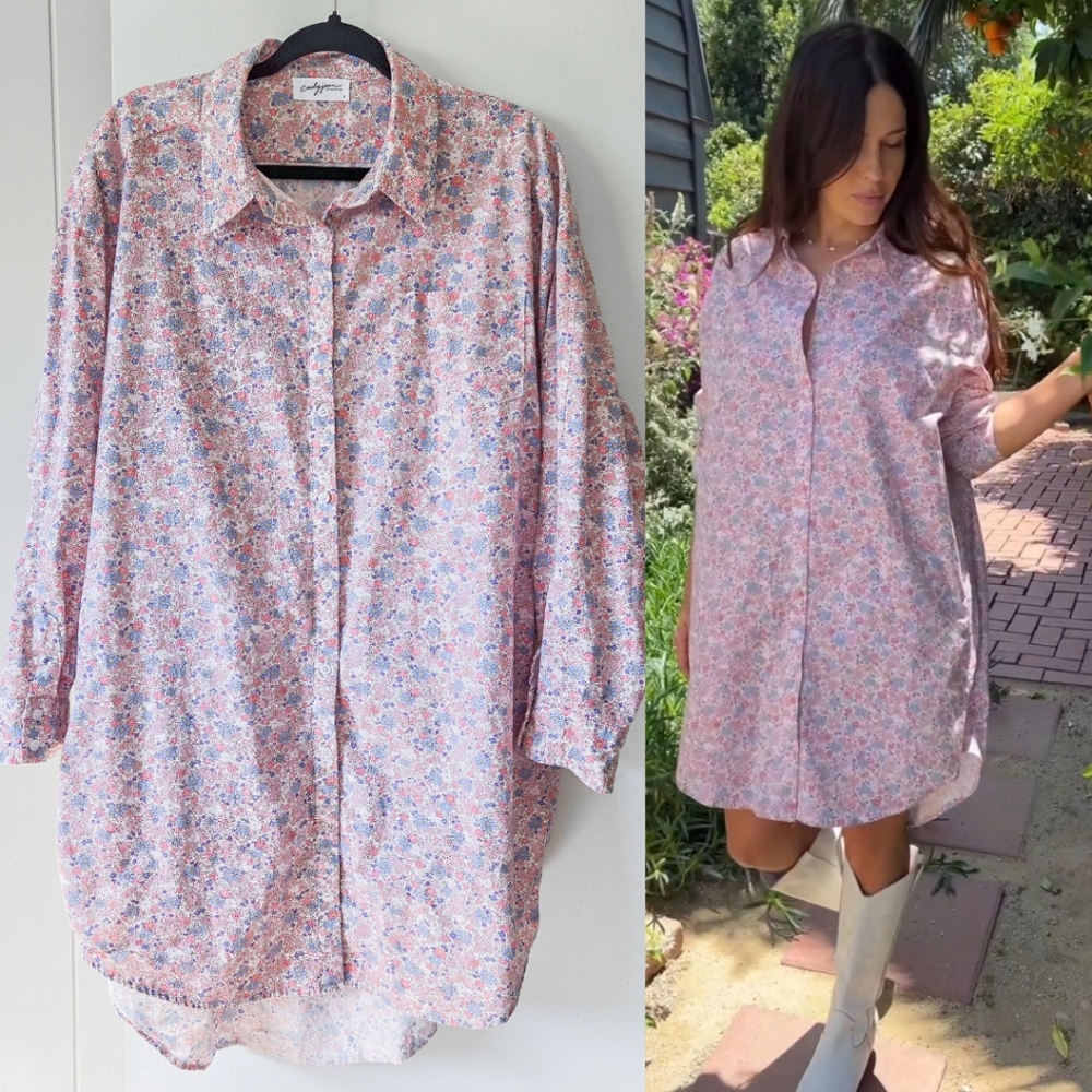 CJLA Barbara Floral Button Up Shirt Dress Pink and Blue Size Large Button Mini